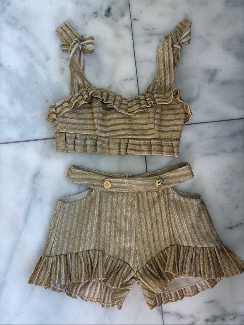 PatBO Gold Metallic Stripe High-Waist Ruffle Shorts Set